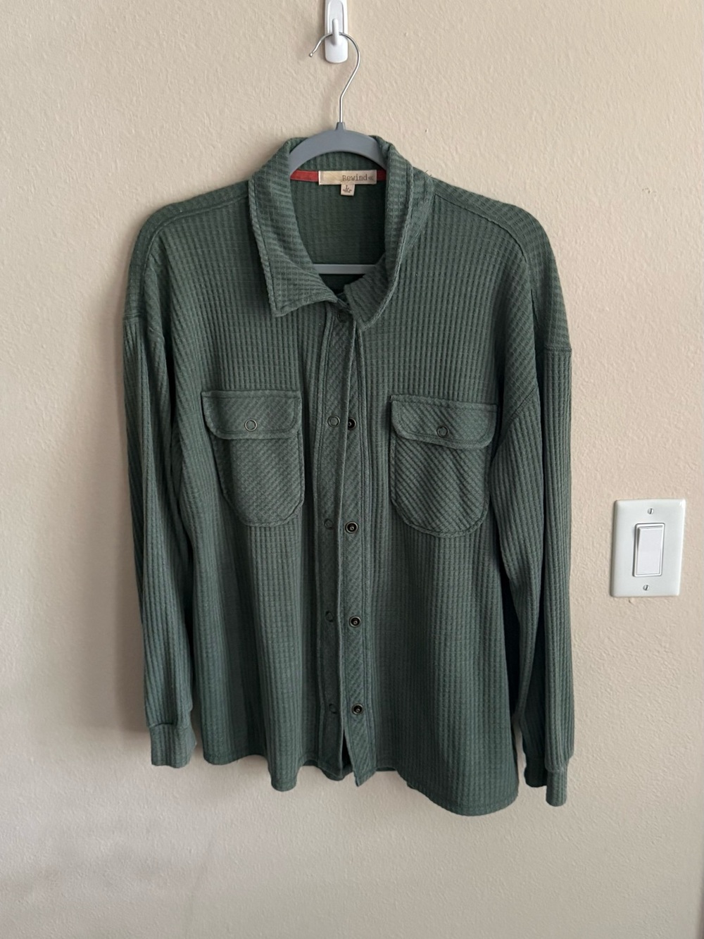 Rewind Olive Green Waffle-Knit Shirt Jacket